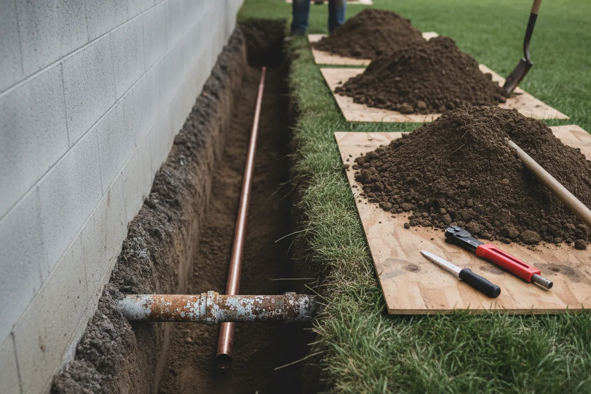 Excavated water line trench during Water Heater Repair in Dagsboro